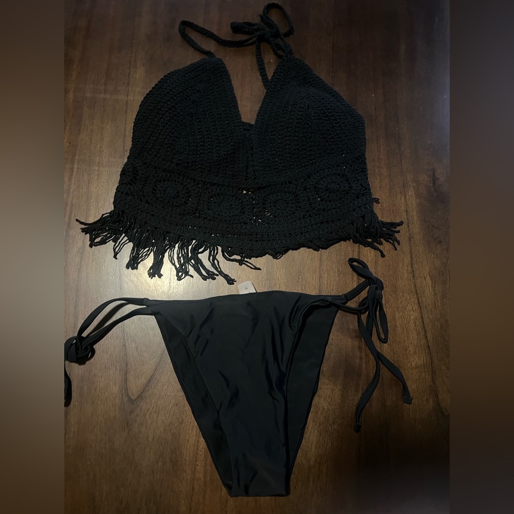 SHEIN Black Crochet Fringe Bikini